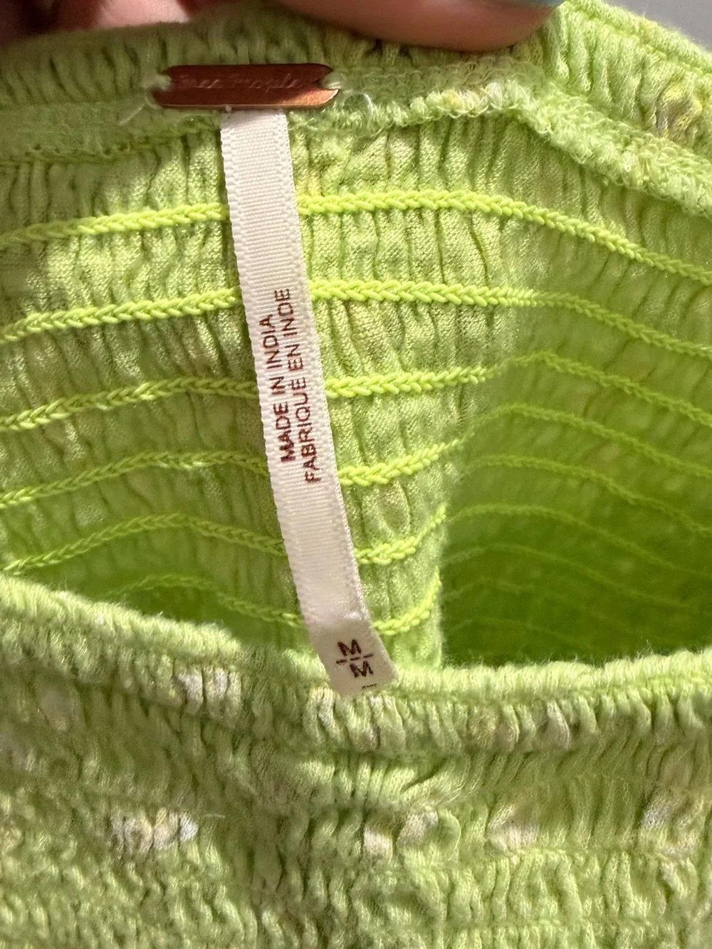 Free People Lime Green Smocked Square-Neck Crop Top with Patterned Puff Sleeves